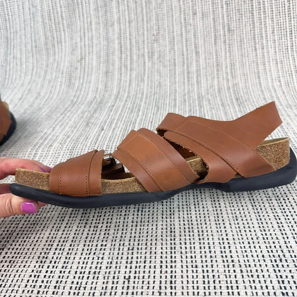 John Fluevog Peacemakers Sandals Men Size 10 Brown Leather Triple Buckle Cork